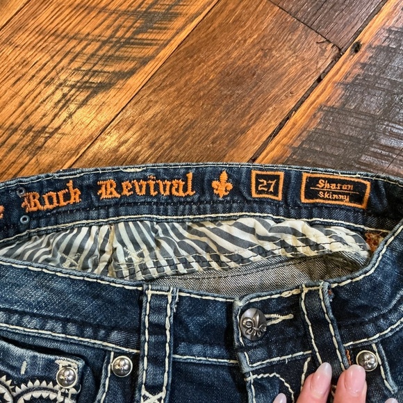 Rock Revival Sharon Skinny Jeans Dark Wash Distressed Embroidered Size 27 - Picture 10 of 12